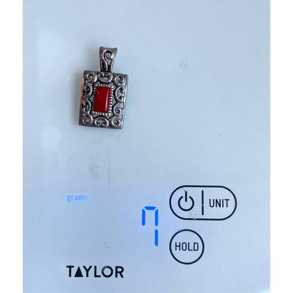 Vintage Sterling Silver 925 Ornate Rectangle Red Stone Enamel Pendant 1" X .75" - Picture 6 of 6